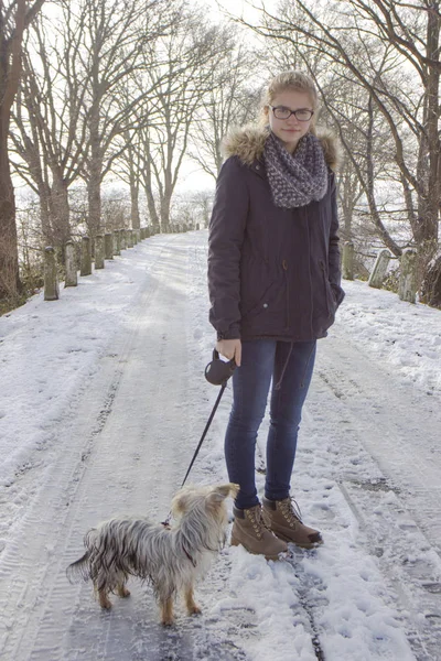 Kışın Karda Köpeği Ile Genç Kız — Stok fotoğraf