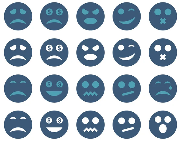 Smile and emotion icons. Glyph set style is bicolor flat images, cyan and blue symbols, isolated on a white background.