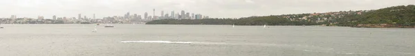 Vista Panorâmica Distante Horizonte Sydney Com Arranha Céus Água Floresta — Fotografia de Stock