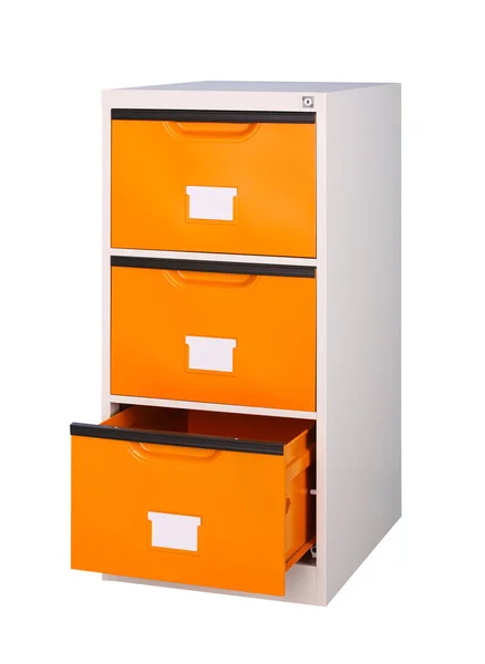 Τρία Συρτάρια Ντουλάπι Φωτεινό Πορτοκαλί Χρώμα Απομονώνει Λευκό — Φωτογραφία Αρχείου