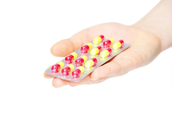 Pilules Capsules Antibiotique Main Isolées Sur Blanc — Photo