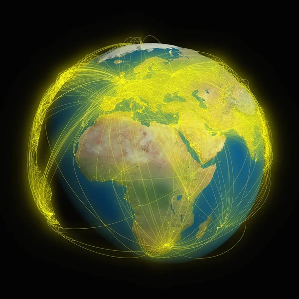 Planeta Terra Com Brilhantes Conexões Amarelas Entre Cidades Continentes Representando — Fotografia de Stock