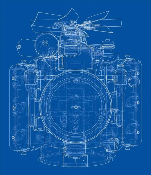 Motor Schets Blauwdruk Illustratie Draadframe Stijl — Stockfoto