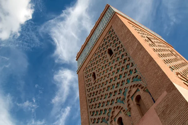 Torony Híres Mecset Medina Marrakesh Ben Hagyományos Részletek Arab Építészet — Stock Fotó