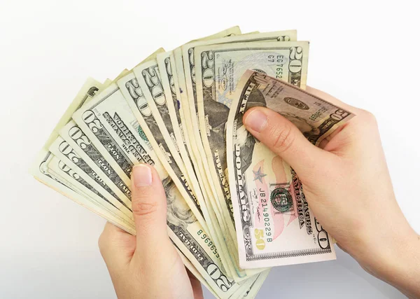Persoon Met Handen Tellen Dollars Witte Achtergrond — Stockfoto