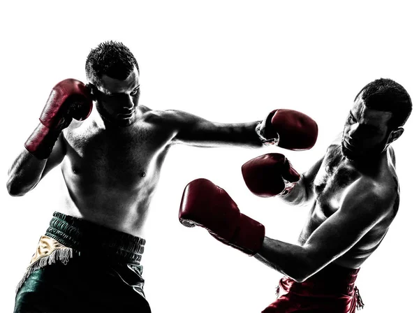 Dois Homens Caucasianos Exercitando Thai Boxe Estúdio Silhueta Fundo Branco — Fotografia de Stock