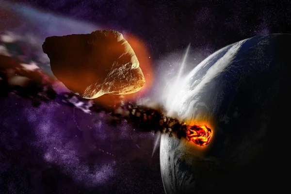 Attacco Dell Asteroide Sul Pianeta Nell Universo Illustrazione Astratta Impatto — Foto Stock