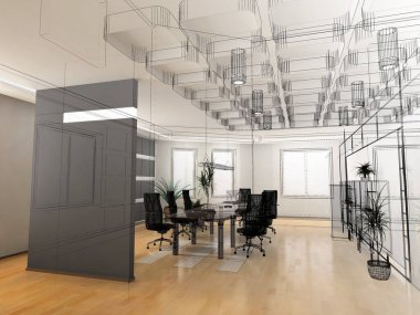 the modern office interior design sketch (3d render) clipart