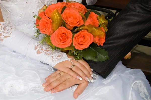 Two Hands Close Just Merried Rings — Stock Photo, Image