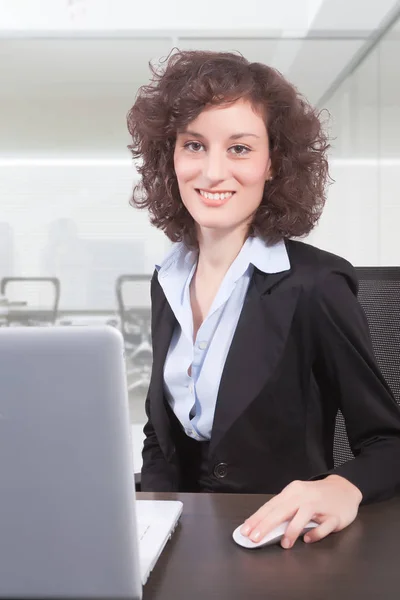 Woman Sits Desk Front Computer Screen — Stock Photo, Image