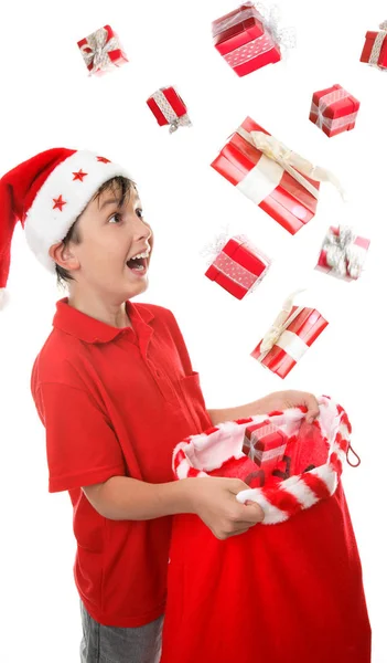 Viele Geschenke Fallen Seiner Freude Einen Kleinen Jungen Weihnachtssack Etwas — Stockfoto