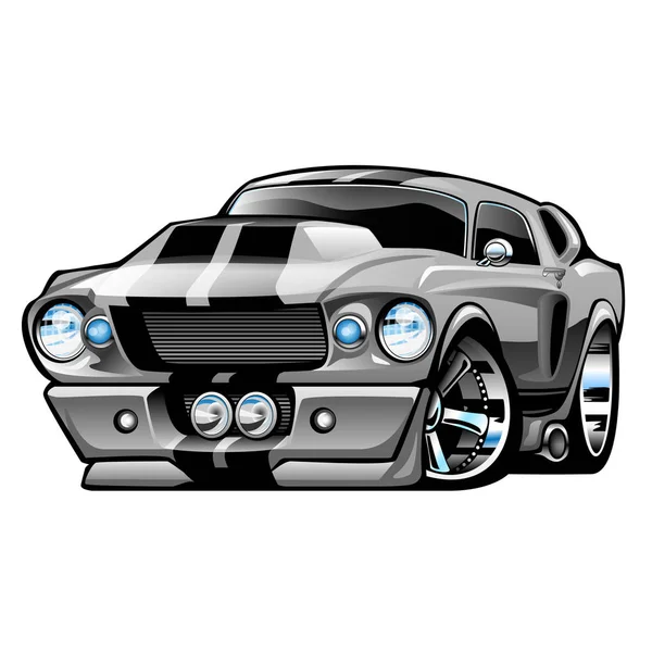 ホットアメリカの筋肉の車の漫画 黒いストライプ クロムの多く 積極的な姿勢 控えめな 大きなタイヤとリムを持つスライバー — ストック写真