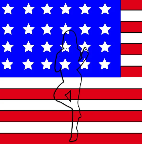 Esquema Desnudo Sexy Una Mujer Bandera Estadounidense — Foto de Stock