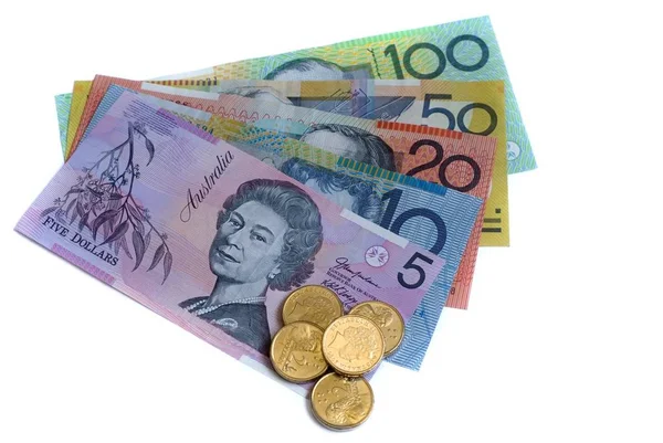 Alle Fünf Verschiedenen Stückelungen Australischer Banknoten Und Einige Münzen — Stockfoto