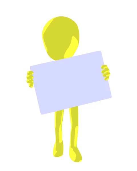 可爱的黄色剪影的家伙拿着一个空白的名片在白色背景 — 图库照片