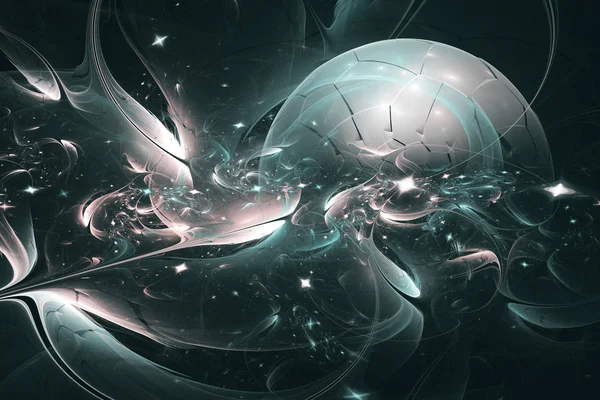 Fractal Lines Form Ball Resembles Planet Surrounded Luminous Cosmic Objects — Stock Photo, Image