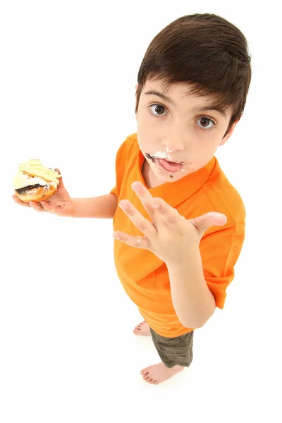 Aantrekkelijke Jarige Jongen Staand Met Donut Cake Likken Eten Uit — Stockfoto