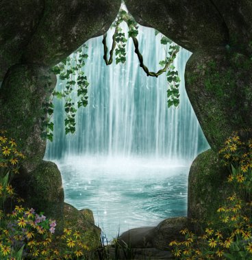 Fantastic cave and waterfall in the back clipart