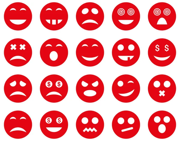 Smile and emotion icons. Glyph set style is flat images, red symbols, isolated on a white background.