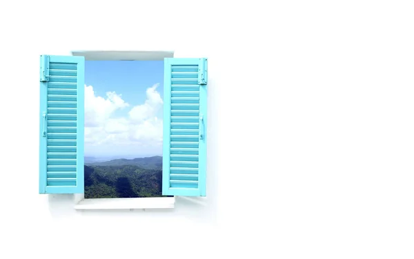 蓝色希腊风格与山和天空视图窗口 — 图库照片