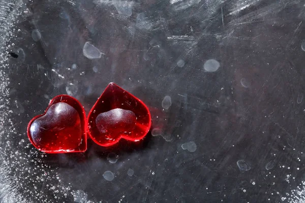 Valentines Day Greeting Card Two Red Hearts Black Frozen Water — Stock Photo, Image