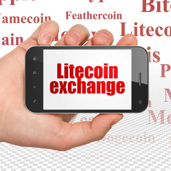 Blockchain Koncept Ruka Drží Smartphone Červeným Textem Litecoin Exchange Displeji — Stock fotografie