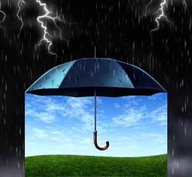 Security and protection concept with a black umbrella covering and protecting from a dark dangerous thunder rain storm with lightning and under is a peaceful safe summer landscape with green grass and a safe blue sky. clipart