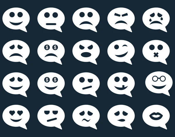 Chat emotion smile icons. Glyph set style is flat images, white symbols, isolated on a dark blue background.