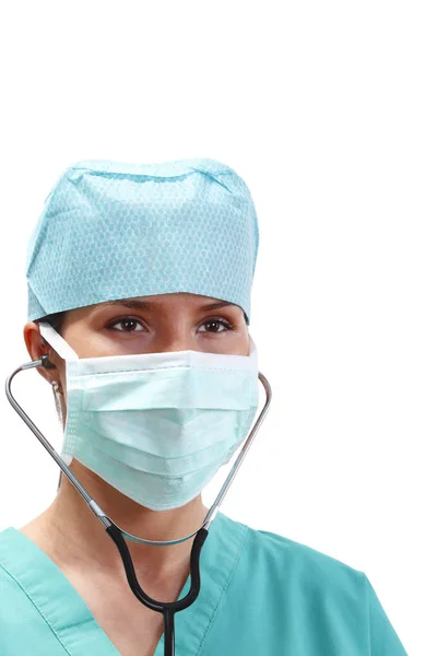 Ritratto Medico Donna Con Maschera Stetoscopio Isolato Sfondo Bianco — Foto Stock