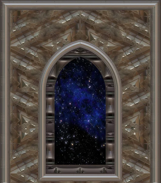 Janela Gótica Ficção Científica Olhando Para Espaço Céu Estrelado Noite — Fotografia de Stock