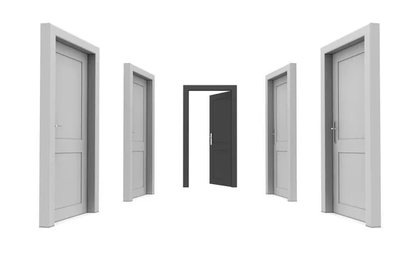 Abstrakter Flur Mit Grauen Türen Eine Schwarze Tür Ende Des — Stockfoto