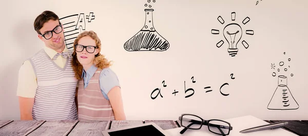 Happy Geeky Hipster Couple Silly Faces Desk — Stock Photo, Image