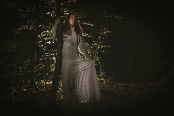 Young Lonely Woman Walking Forest Night White Dress — Stock Photo, Image