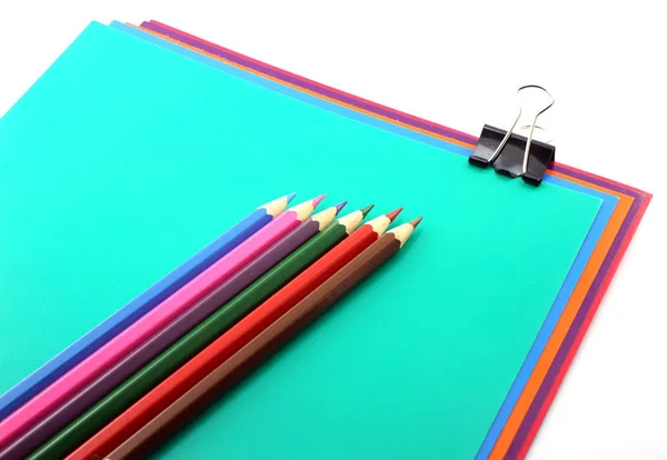 Color Papers Black Clip Pencils — Stock Photo, Image