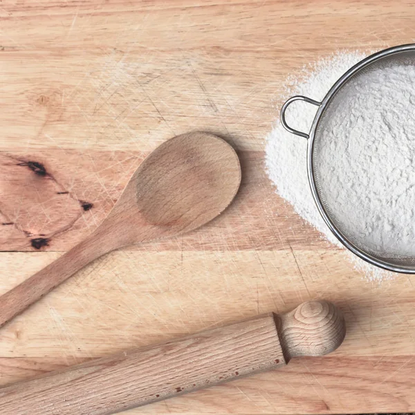Baking Items Flour Wooden Surface — Stock Photo, Image