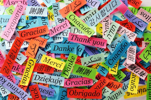 Merci Word Cloud Imprimé Sur Papier Coloré Différentes Langues — Photo