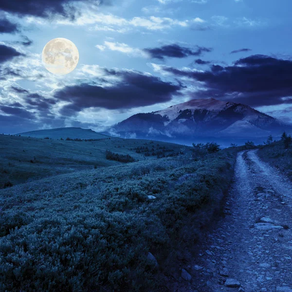 Гравійна Дорога Виходить Відстань Проходить Через Зелене Поле Горах Вночі — стокове фото