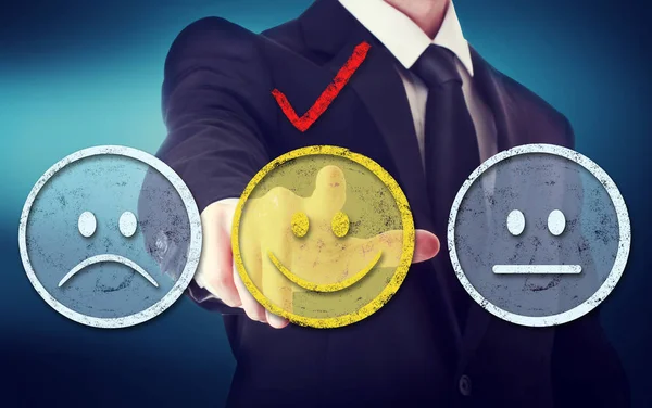 Business Man Pointing Yellow Smiley Face — Stock Photo, Image