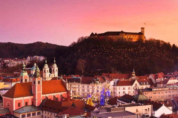 Aeirial Panoramic View Romantic Medieval Ljubljana City Centre Capital Slovenia — Stock Photo, Image