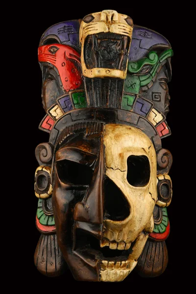Mexicano Maia Azteca Máscara Pintada Cerâmica Com Crânio Isolado Preto — Fotografia de Stock