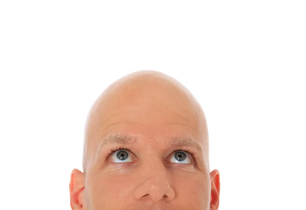 Голова Лысого Человека Смотрит Вверх Белом Фоне — стоковое фото