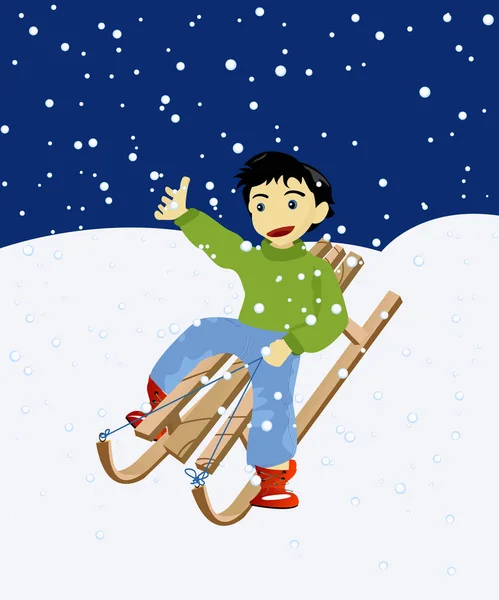 Niño Feliz Trineo Nieve Madera — Foto de Stock