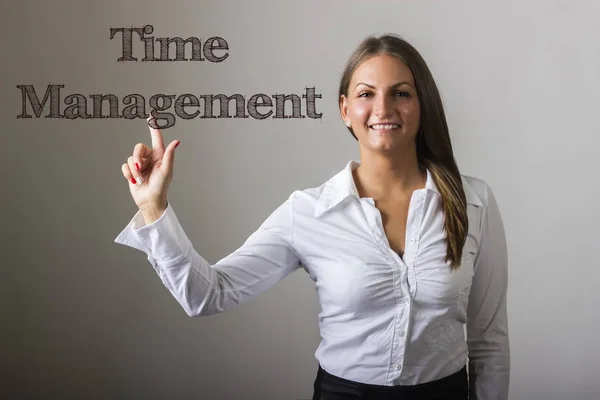 Time Management Vacker Flicka Att Trycka Text Transparent Yta Horisontell — Stockfoto