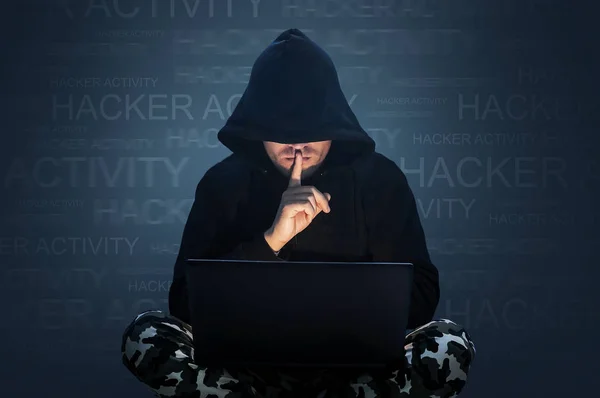 Man Hidden Face Working Computer Holding Finger His Mouth Computer — Stock Photo, Image