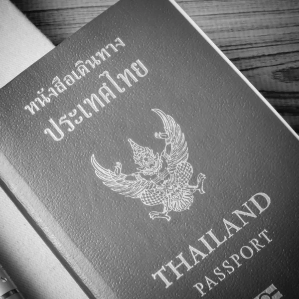 Thai Passport Notebook Wood Table Background Black White Color Tone — Stock Photo, Image