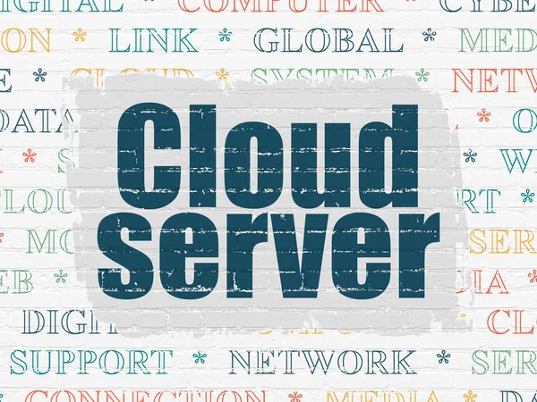 Cloud Computing Concept Målad Blå Text Moln Server Vit Tegelvägg — Stockfoto