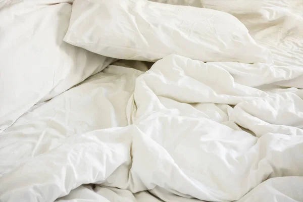 White Pillow Bed Wrinkle Messy Blanket Bedroom Sleeping Long Night — Stock Photo, Image