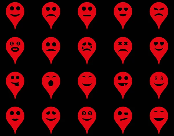 Emotion map marker icons. Glyph set style is flat images, red symbols, isolated on a black background.