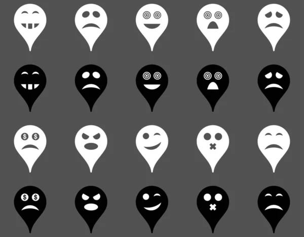 Emotion map marker icons. Glyph set style is bicolor flat images, black and white symbols, isolated on a gray background.