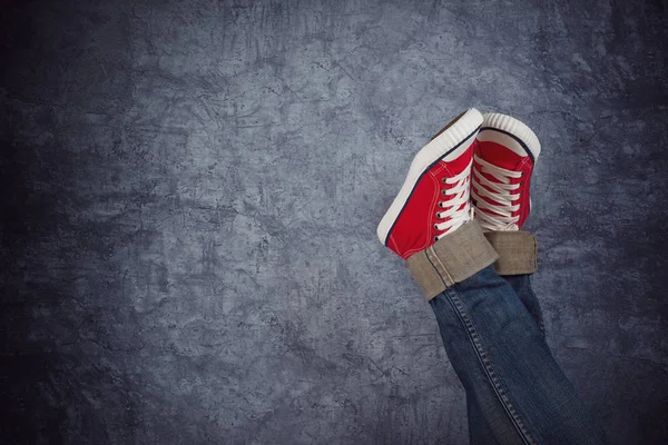 Lazy Young Teenage Woman Relaxing Concept Red Sneakers Grunge Background — Stock Photo, Image